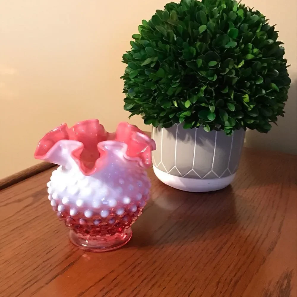 Vintage cranberry Fenton hobnail vase